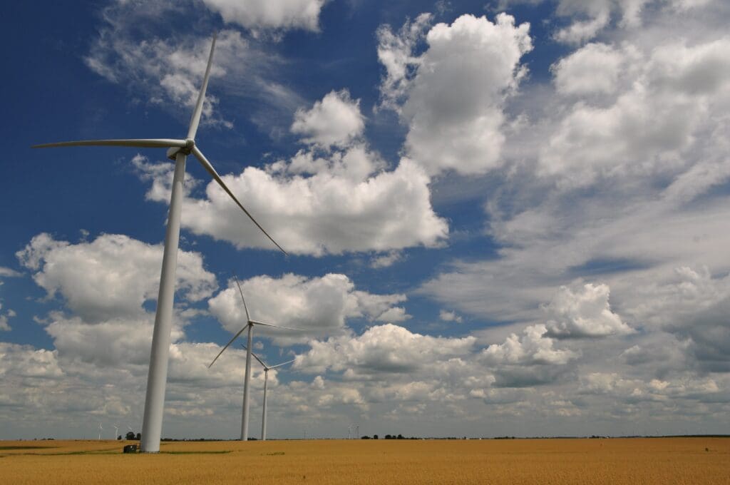 A field with wind turbines in the background.